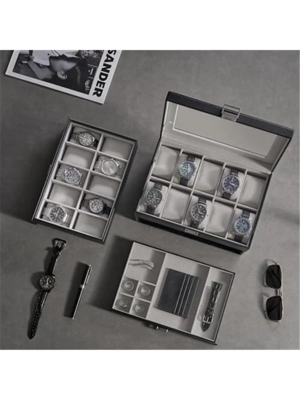 3-Layer Watch Box with Glass Lid for Men, 20-Slot, Black | PU Outer,